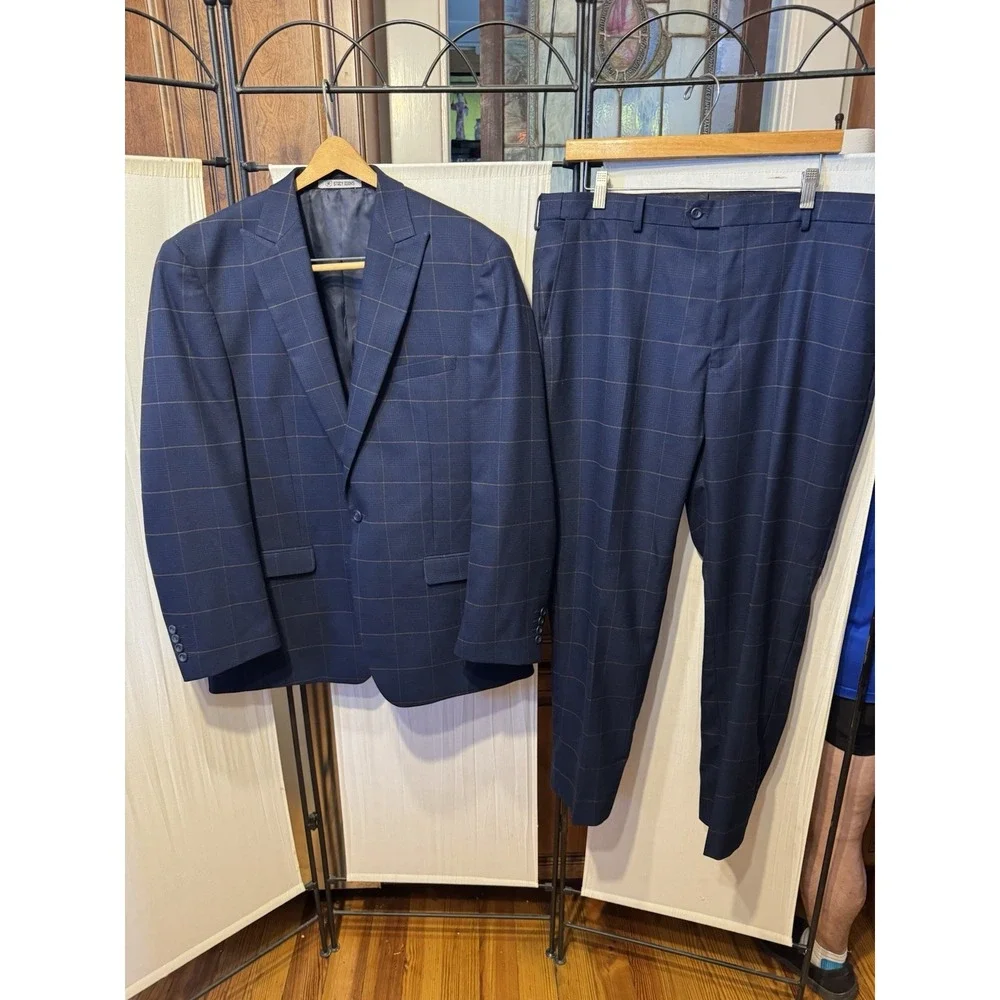 Stacy Adams Men's 2 Piece Suit Navy Blue Windowpane Plaid Hybrid Modern Fit Flat